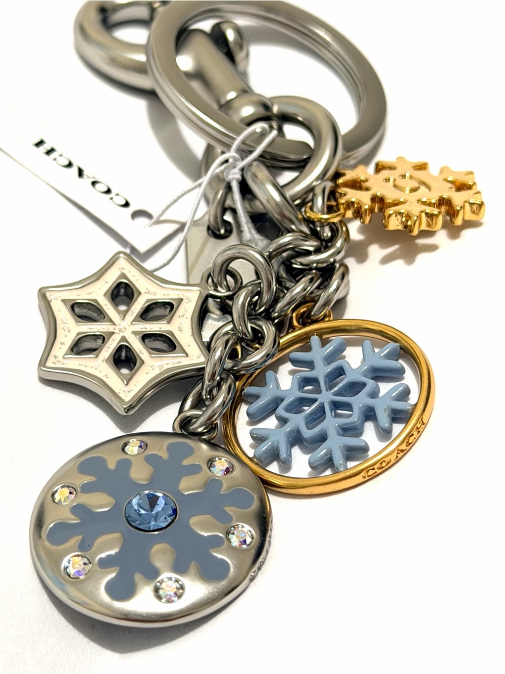 Coach Silver-Tone & Light Blue Snowflake Charm Keychain with Gold Accent